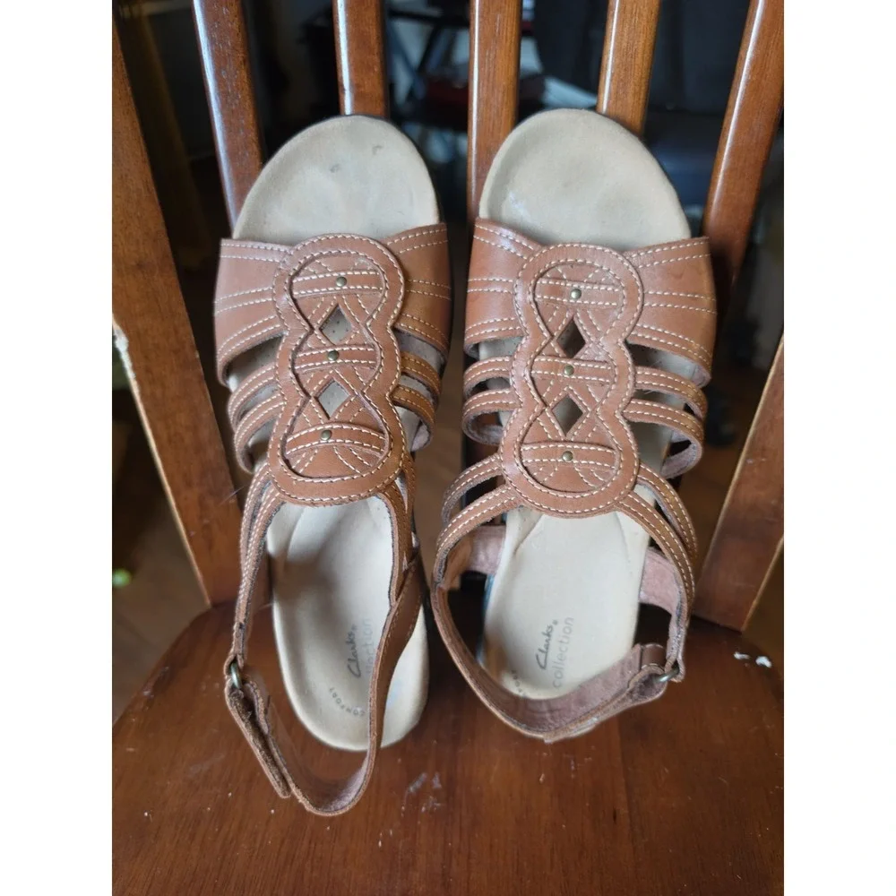 Clarks Brown Leather Strappy Buckle Flat Sandals Women's US 10 Stitched
